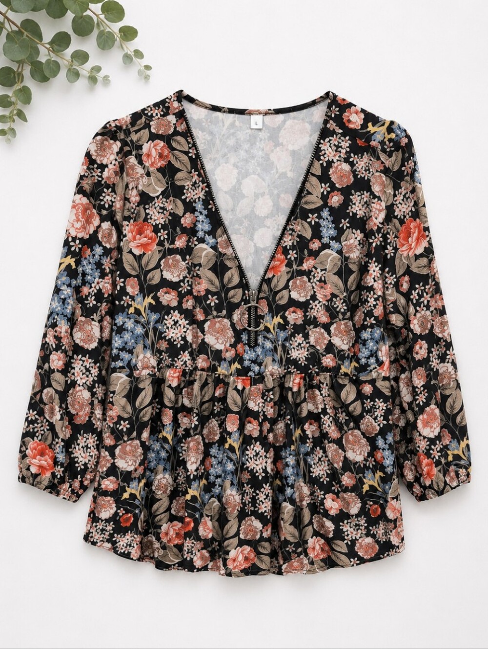 Floral V-Neck Peplum Blouse in Black with Pink & Blue Flowers